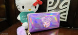 Womens' small glitter purse, card holder wallet with pink bow