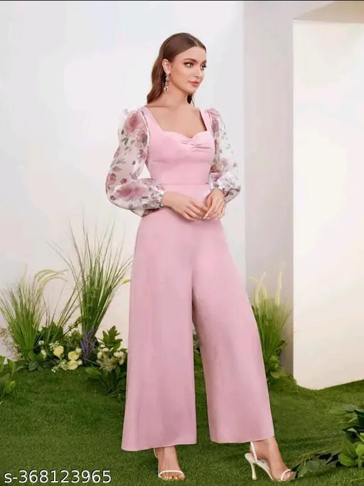 Lycra new flower printed sleeve jumpsuit for girls & women, pleated and puff sleeves, casual or party wear