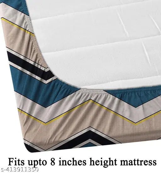 Rare Bird Beige 300TC Zigzag Fitted Cotton Blend Bedsheet - Summer-ready, stylish geometric pattern for a comfortable bedroom