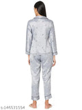 Grey elephant print satin lapel nightsuit for women, ultimate comfort and style in silk satin