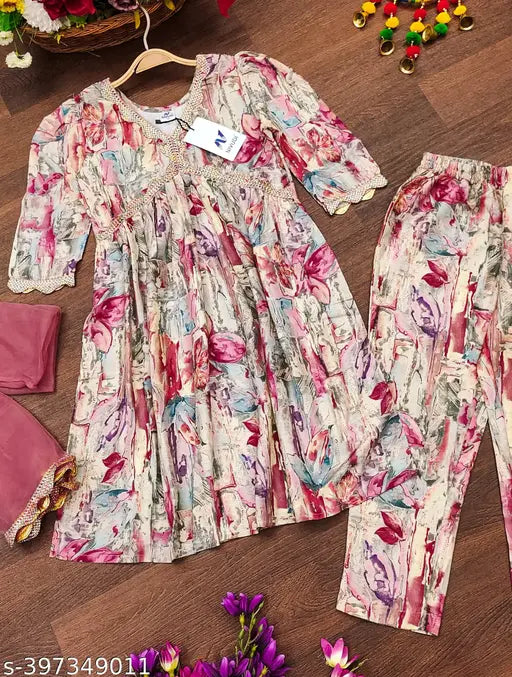 Girls Festive Party, Kora Muslin Salwar & Kurta Set - Versatile Ethnic Wear for special occasions. Three-quarter sleeves, printed design, size range 6-13 years