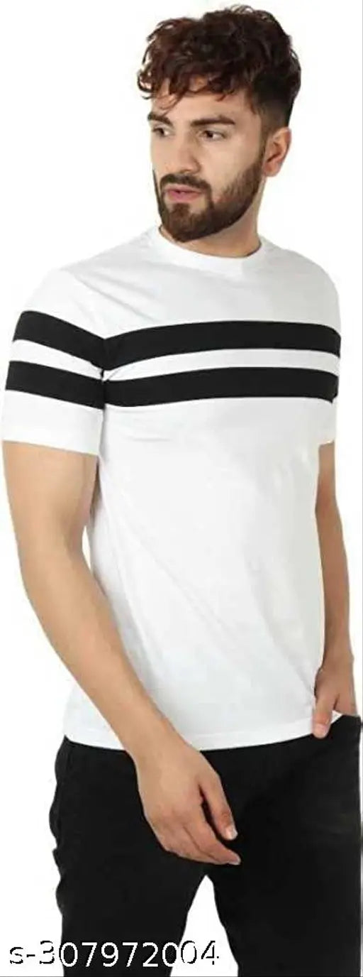 White striped polyester round neck T-shirt for men, fashionable and stylish short sleeve tee on display
