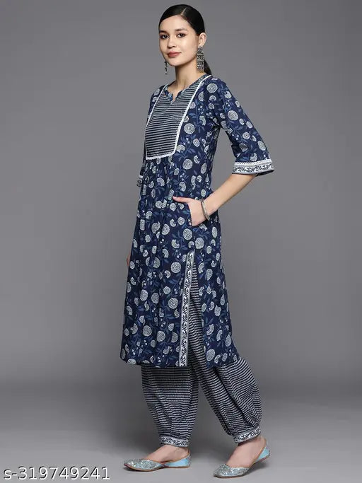 Blue Jaipuri Printed Pure Cotton Kurta and Palazzo Set, 100% cotton for women's fashion