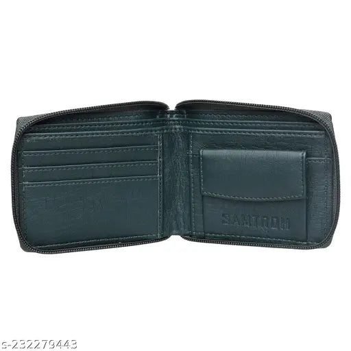Green PU leather bi-fold wallet, slim design, durable, men's and women's accessory with 2 compartments, ideal for daily use