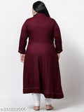 Maroon plus size rayon straight V-neck kurti, three-quarter sleeves, solid design. Women's Indian fashion on mannequin