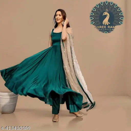 Art Silk green women's gowns with dupatta set, cream color dupatta. Indian-made, sleeveless gown available in sizes S to 6XL