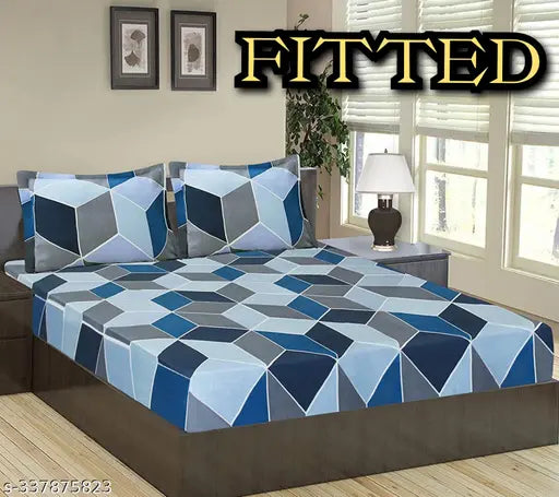 Glace cotton geometric elastic fitted bedsheet (queen size) with 2 pillow covers, perfect for summer adult use, featuring an attractive golden elastic border and a subtle shine from 180 thread count