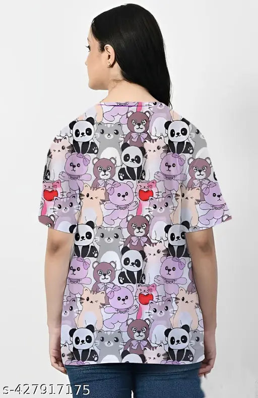 Trending oversized T-shirt with adorable panda design and cute paw print trim, for women