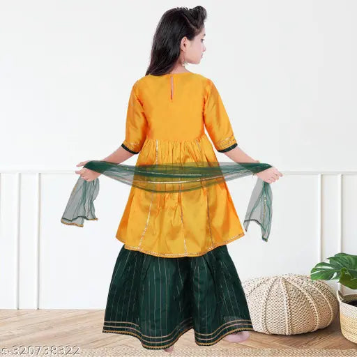 Embellished Dupion Silk Anarkali Kurta Sharara & Dupatta set for kids, Indian readymade poly silk outfit with lace detailing