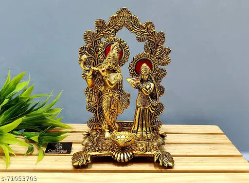 Golden aluminum oxidized Radha Krishna idol with diya, beautifully designed for living spaces, 11.5cm L x 18cm H x 11cm B, 360g weight