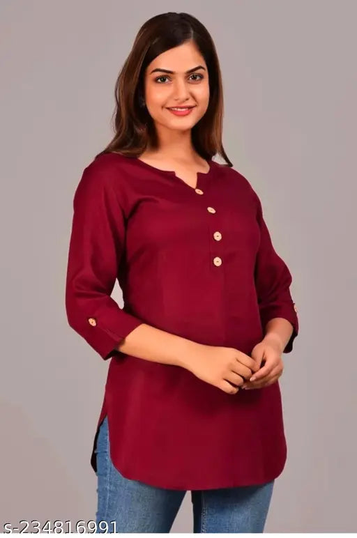 Maroon crepe print women's tunic top