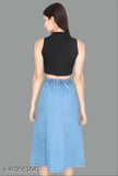 Blue solid denim A-line skirt with elastic waistband, perfect for casual lite. Made of 100% cotton in India