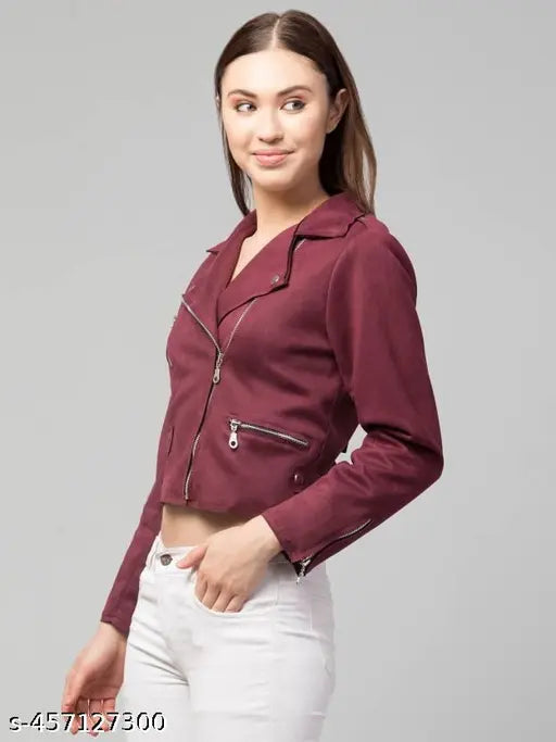 Women's classic winter suede jacket, long sleeves, leather fabric, solid pattern, collared neck on mannequin, India origin