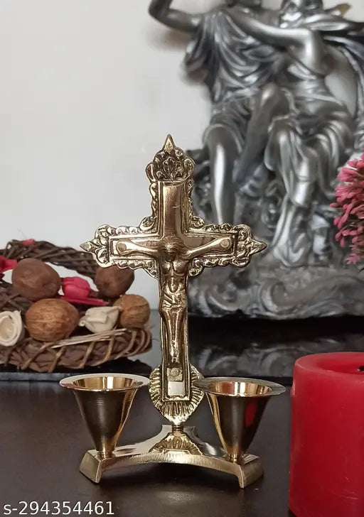 Antique brass Christian cross statue with attached candle stand, 5" golden idol of Jesus Christ for prayer and worship decoration