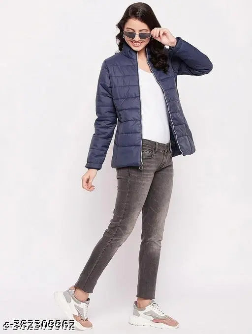 Polyester puffer jacket for women and girls, full sleeves, solid color in black, white, maroon, grey, navy - trendy winter wear
