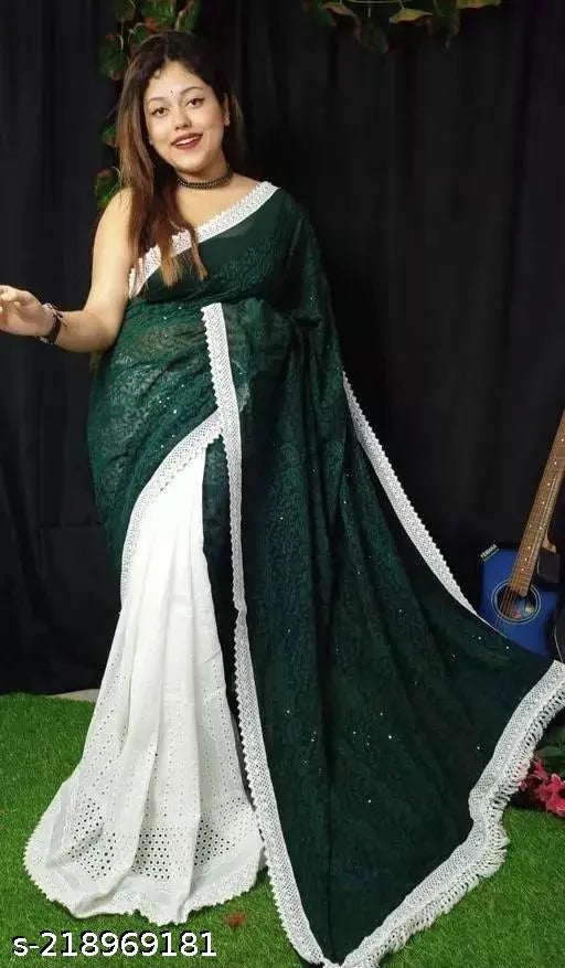 Bottle green chiffon Hakoba saree with intricate woven design, free size (L=5.5m, B=0.8m)