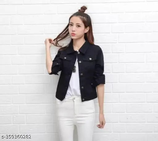 Black denim jacket, zip closure, long sleeves, women's style