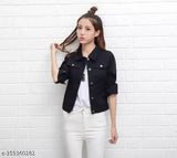 Black denim jacket, zip closure, long sleeves, women's style