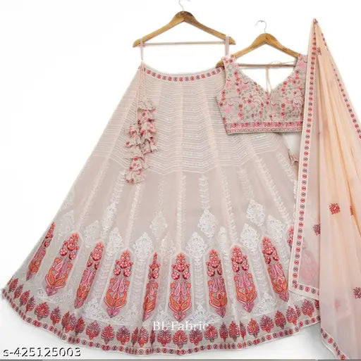 Embroidered Georgette women's heavy lehenga choli and dupatta set, semi-stitched with free size options