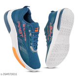 Dark blue and orange sport shoes with white soles and laces, lightweight, suitable for running