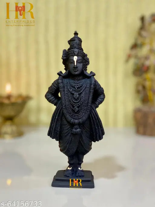 Black poly resin Vitthal Rukmini statue, premium home decor idol with a glossy finish