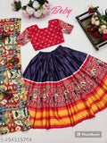 Printed acrylic and satin kids lehenga choli with ikat pattern, suitable for girls aged 5 to 10 years