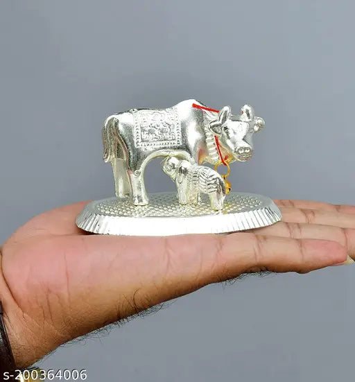 Silver Kamdhenu Cow with Calf figurine decorative gift item, Indian God showpiece for good luck and wish granting