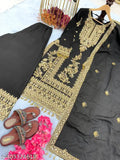Black embroidered cotton suit set with gold detailing.