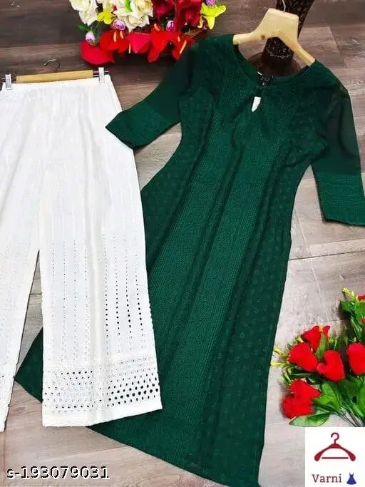 Embroidered rayon women's kurta set with palazzos, three-quarter sleeves, Indian origin