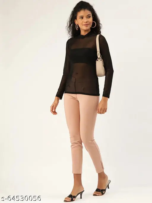 Black net full sleeve top, casual style for women by ANVI, size M, solid design