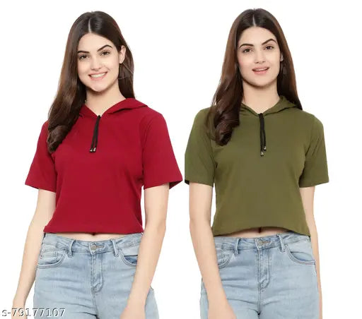 Maroon olive cotton blend crop T-shirt set, featuring solid pattern with short sleeves. Two sizes included: S (36in x 18in), M (38in x 18in). Made in India