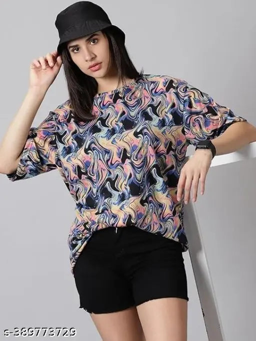 Multicolor viscose rayon printed round neck T-shirt for women, unique digital design by Khazana Creation
