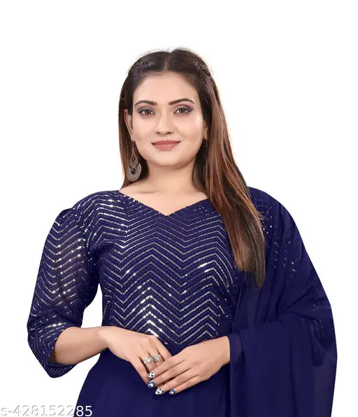Embellished Georgette Anarkali dress with three-quarter sleeves, Indian fabric and squance work embroidery, size S-XXXL