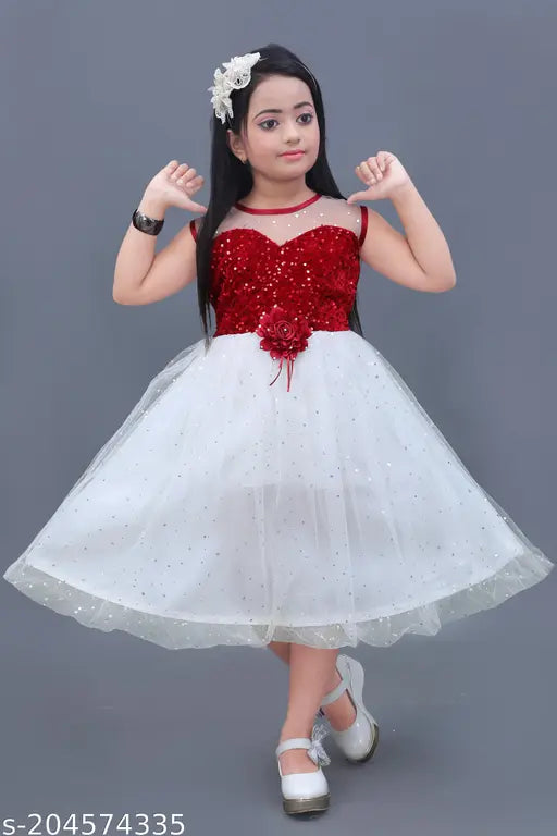 Marron and white embellished net midi-knee length partywear dress for kids, ethically made with sustainable materials
