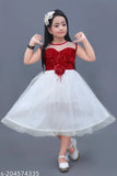 Marron and white embellished net midi-knee length partywear dress for kids, ethically made with sustainable materials