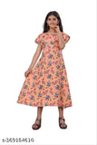 Printed A-line gown for baby girls, polyester short sleeves, vibrant Indian pattern on 5-12 year sizes