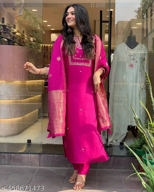 Silk blend Adesh Kurta set with dupatta and bottomwear, solid pattern, embellished top, plain bottom, vogue for Indian festive wear
