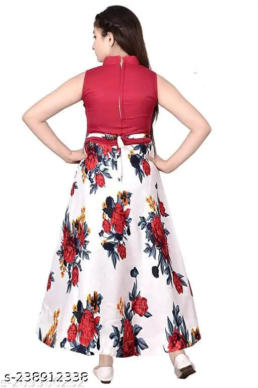Green cotton blend ethnic girls gown with digital floral print, sleeveless, perfect for parties and special occasions