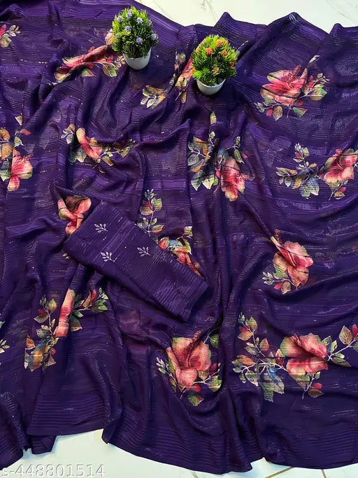 Purple printed georgette fabric saree with blouse, partywear, sequined saree, trendy