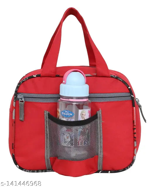 Red and black lunch tiffin bag with a child's sippy cup, waterproof design