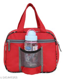 Red and black lunch tiffin bag with a child's sippy cup, waterproof design