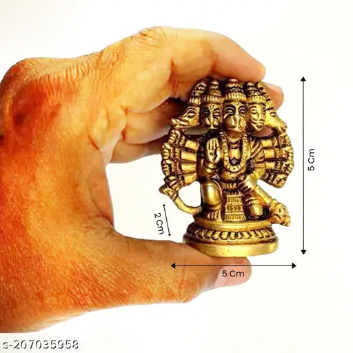 Brass, five-faced Hanuman idol, traditional Indian spiritual artifact, 2.5 inches tall