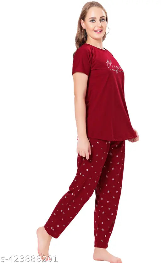 Maroon hosiery cotton printed half-sleeve T-shirt and pyjama pants nightsuit, perfect for comfortable sleepwear