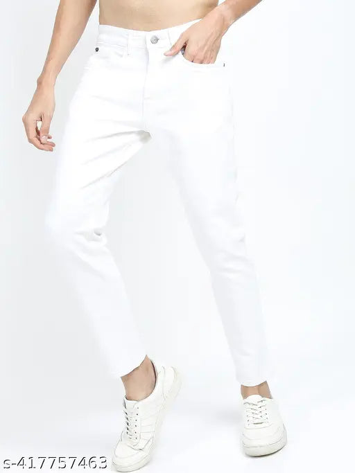 Ketch men's tapered white cotton jeans, stretchable fit, size 32/34, India origin