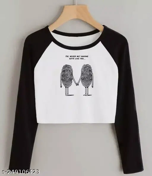 Black and white printed full sleeve cotton t-shirt for women by Rivaem, featuring long sleeves and polycotton fabric