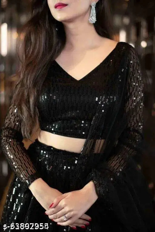 Black embellished semi-stitched GHPURNIMA lehenga set, featuring net and satin blend fabric, flared to 2.5m, suitable for wedding and festive occasions