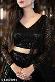 Black embellished semi-stitched GHPURNIMA lehenga set, featuring net and satin blend fabric, flared to 2.5m, suitable for wedding and festive occasions