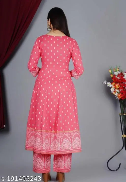 Rayon kurti and palazzos set, printed net design for women's fashion, India-origin rayon attire