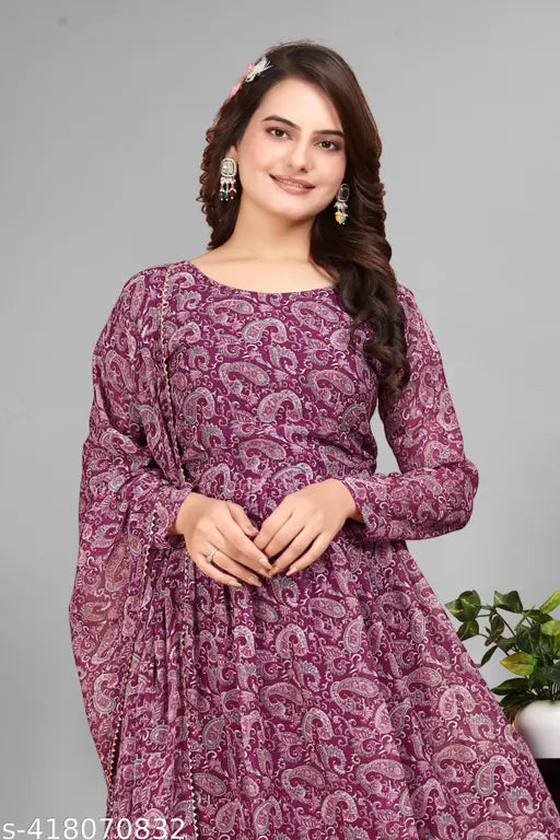 Wine color digitally printed gown & dupatta set, Georgette fabric, 3/4 sleeves, women's fashion clothing from RS Studio