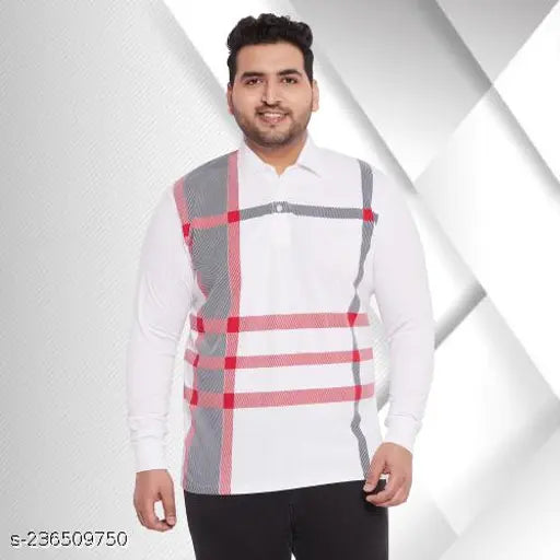 White printed polo neck full sleeve t-shirt, cotton blend, checkered pattern, men's style